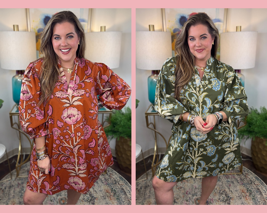 Olive and rust floral dress with V-neck and 3/4-length balloon sleeves