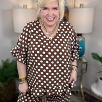 Plus size chocolate brown travel set with ruffle hem details