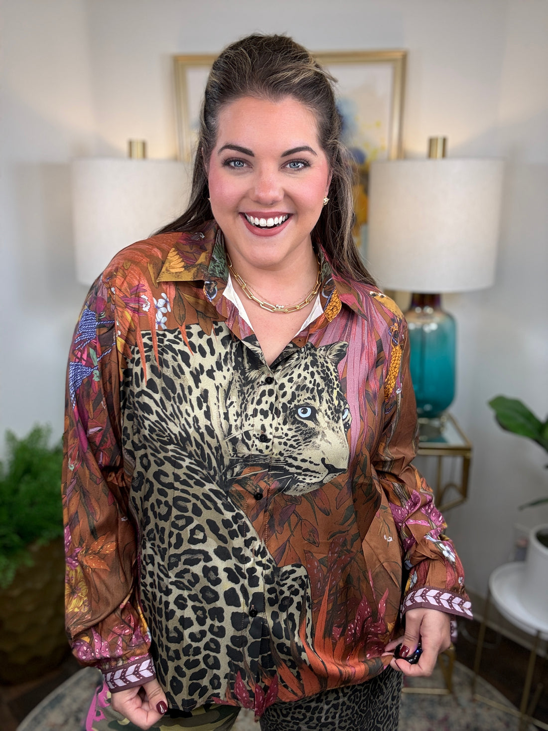 Leopard Motif Satin Button-Down