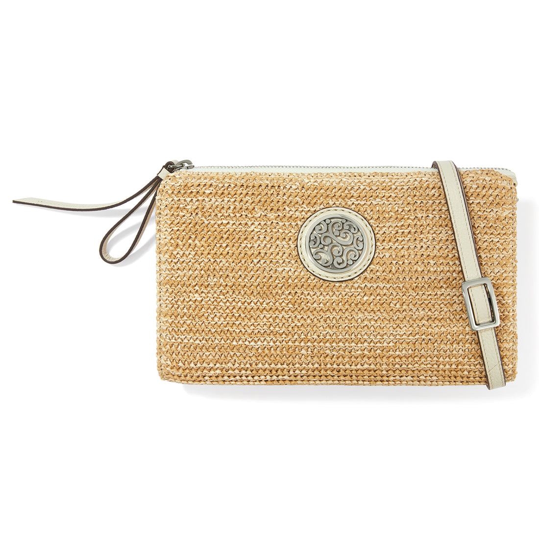 Beige woven clutch with a logo on a white background