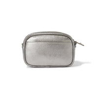 Silver rectangular pouch with a zipper on a white background