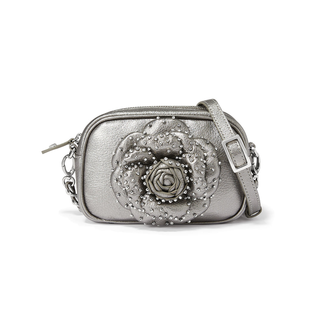 Silver handbag with rose design on a white background