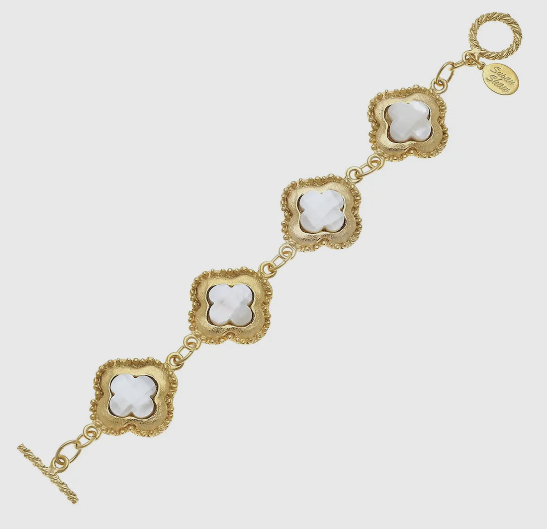Susan Shaw Genuine Mother of Pearl Set in Gold Clover Bracelet