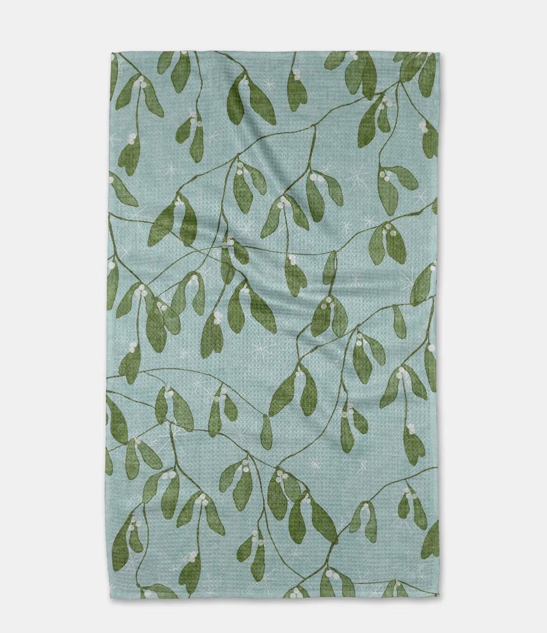 Light blue tea towel with dainty green leaf pattern 