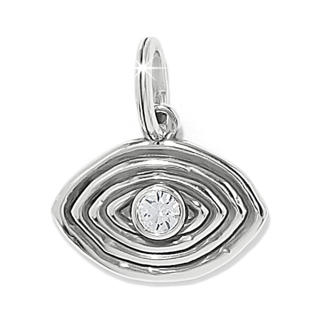 Silver pendant with a central gemstone on a white background