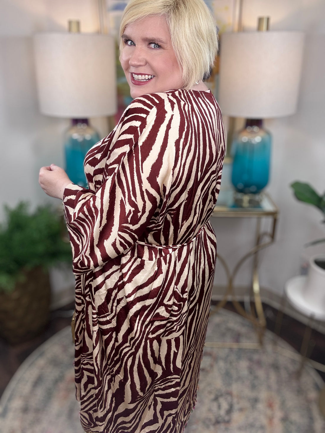 Cream silky kaftan dress with chocolate zebra print with optional waist tie