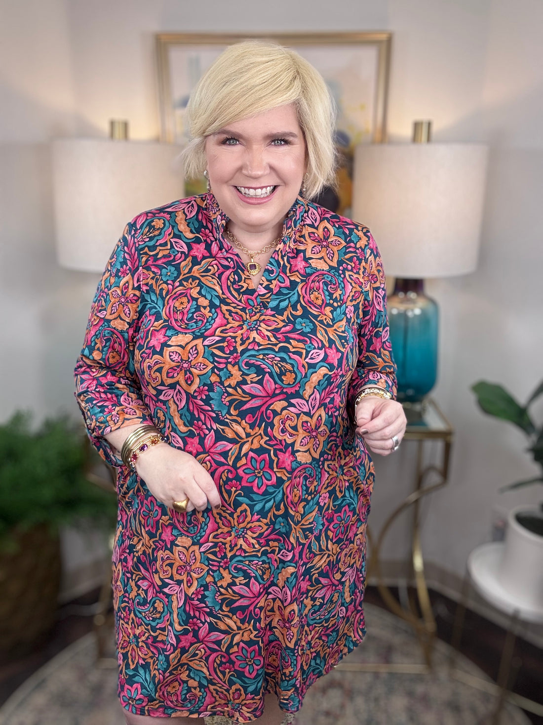 Dear Scarlett stretchy colorful floral dress with pink orange blue and teal tones