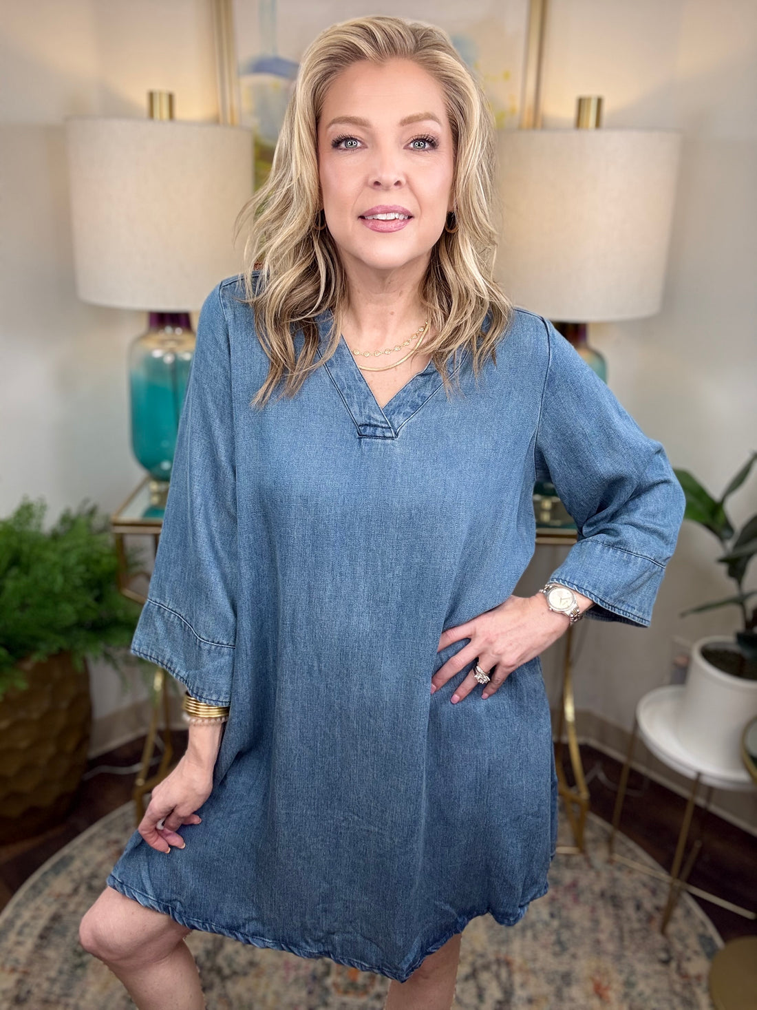 Denim shift dress with bell sleeves and back neck tie