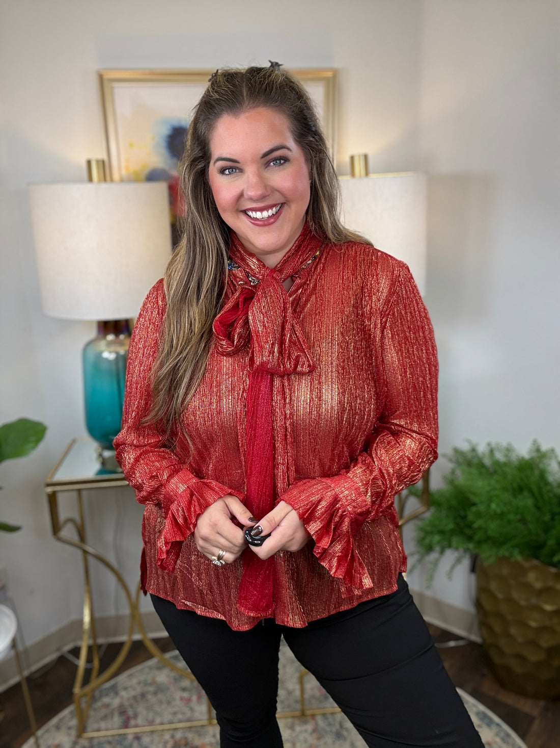Tie One On Top in red plissé with gold metallic detail