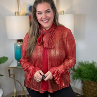 Tie One On Top in red plissé with gold metallic detail