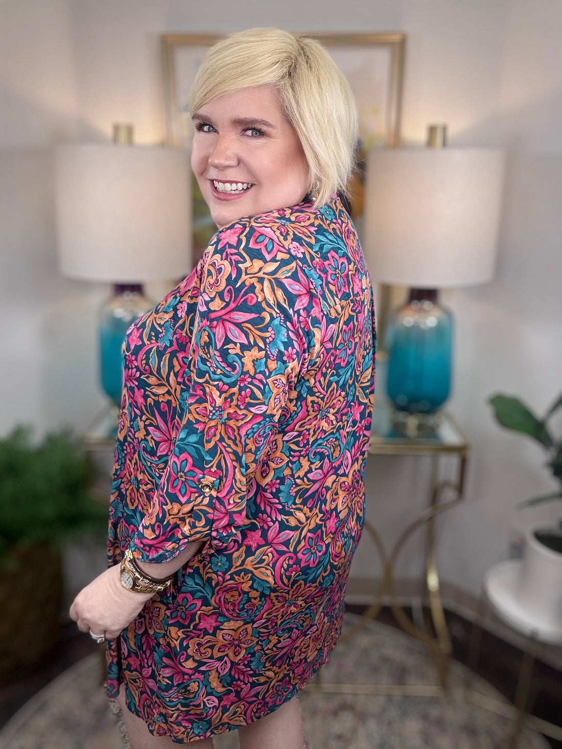 Dear Scarlett stretchy colorful floral dress with pink orange blue and teal tones