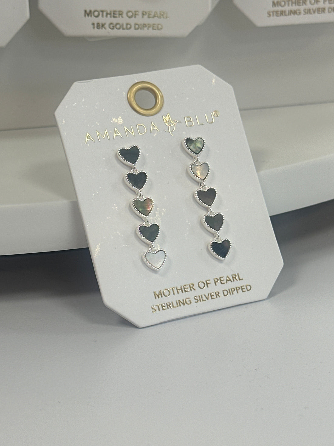 Silver Grey Mother of Pearl Five Heart Drop Earrings