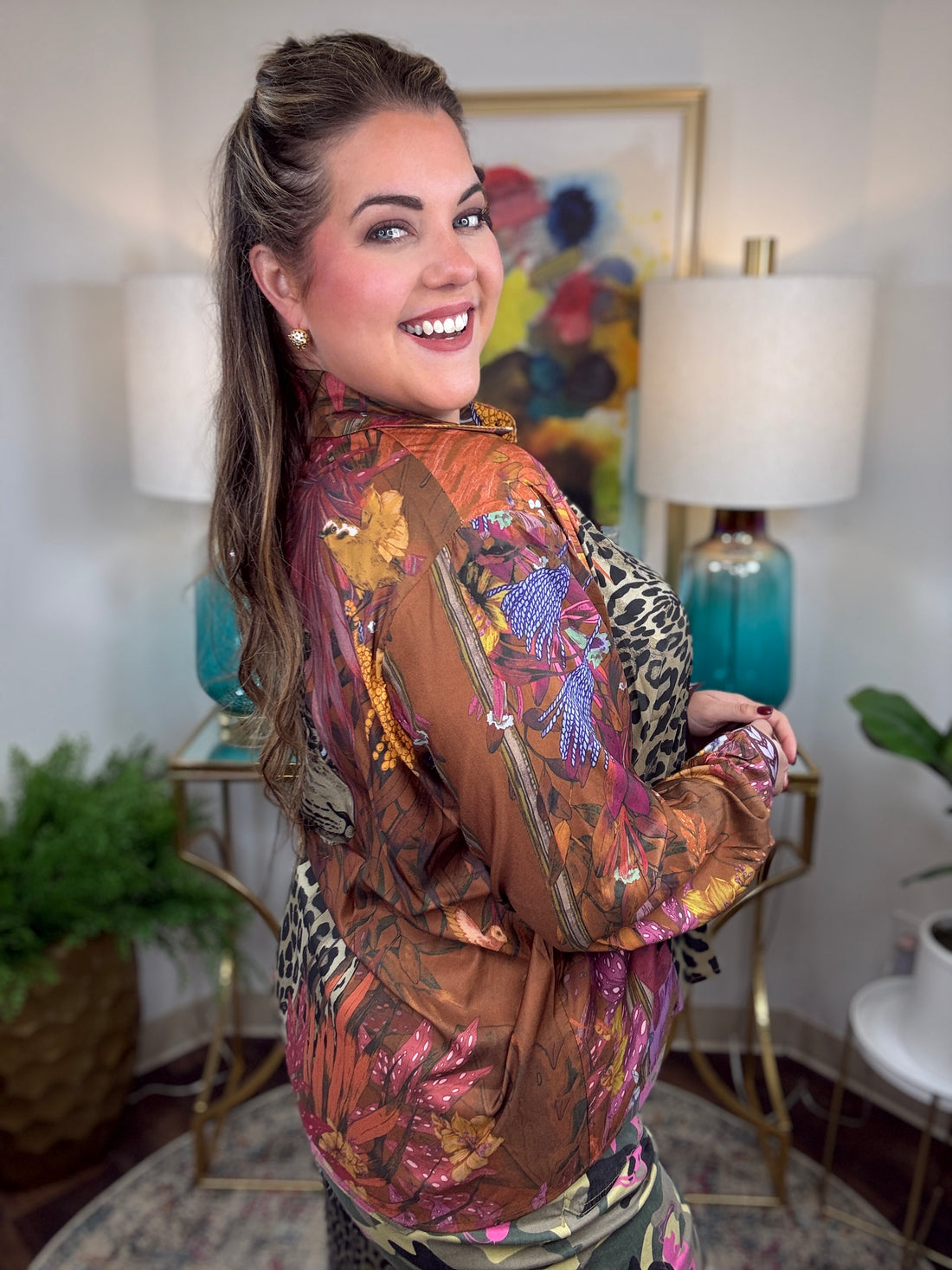 Leopard Motif Satin Button-Down