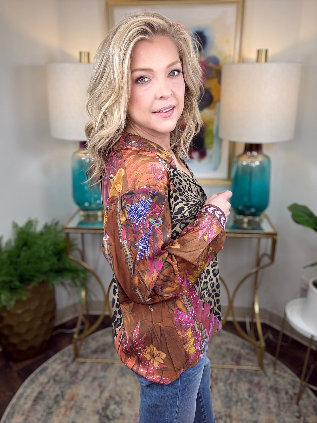 Leopard Motif Satin Button-Down