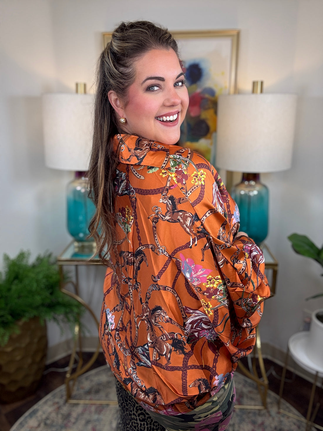 Draped Equestrian Motif Satin Blouse