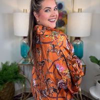 Draped Equestrian Motif Satin Blouse
