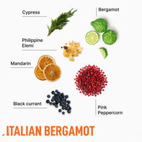 Collection of ingredients with labels for Italian Bergamot on a white background