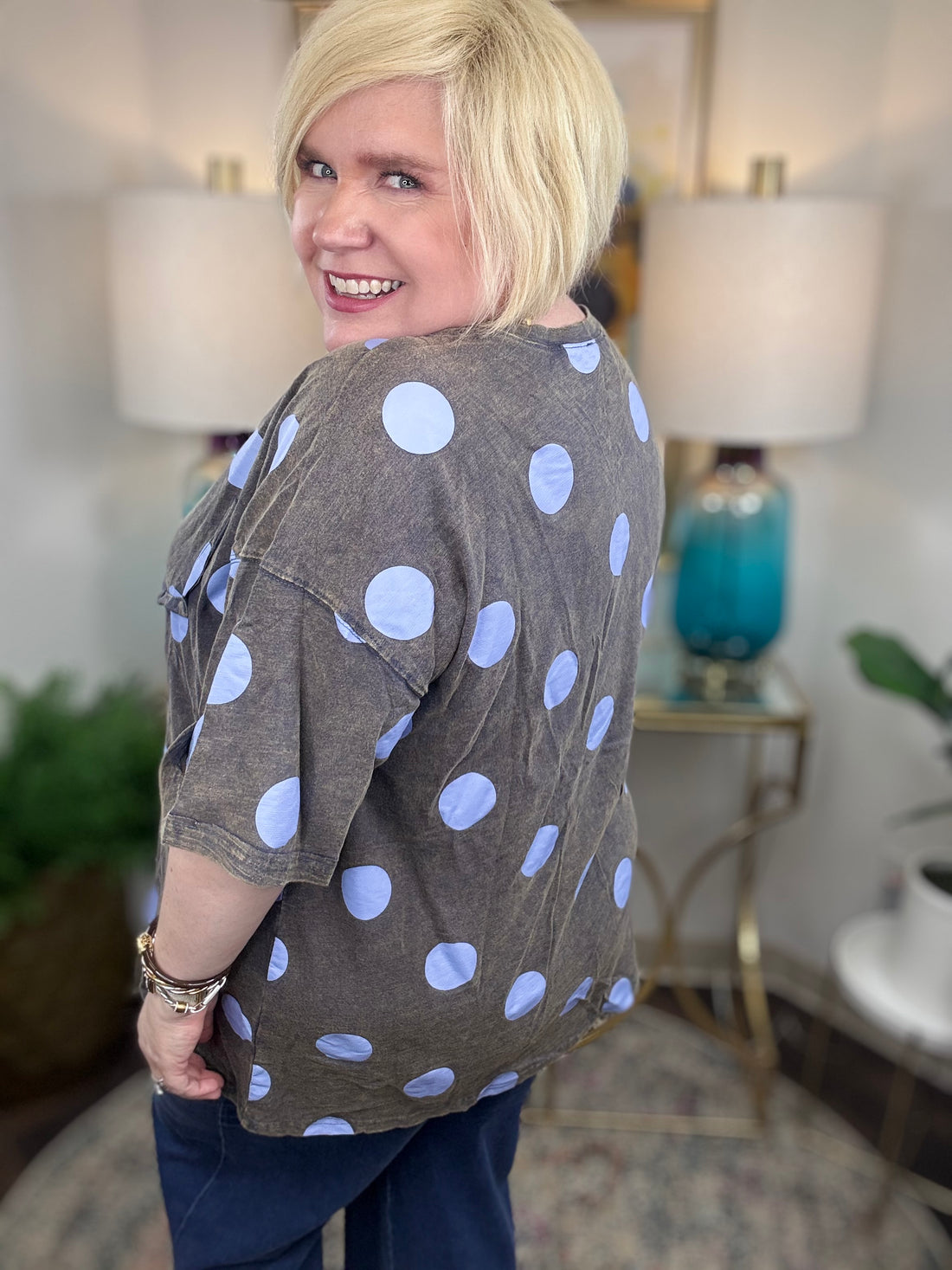 Seeing Spots Curvy Top in dark gray with periwinkle polka dots