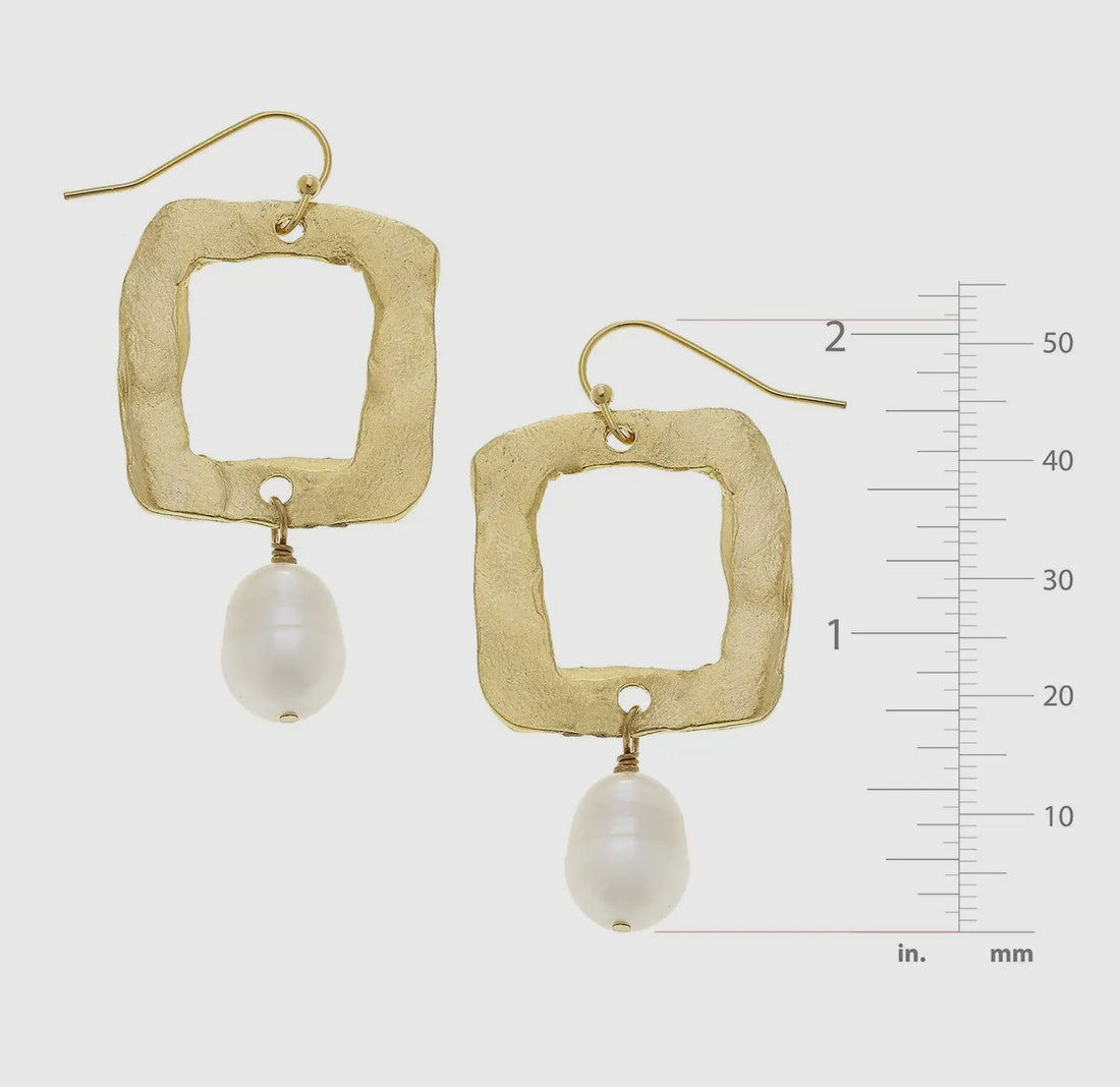 Susan Shaw Gold Open Square and Genuine Freshwater Pearl Earrings