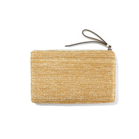 Beige woven clutch with a strap on a white background