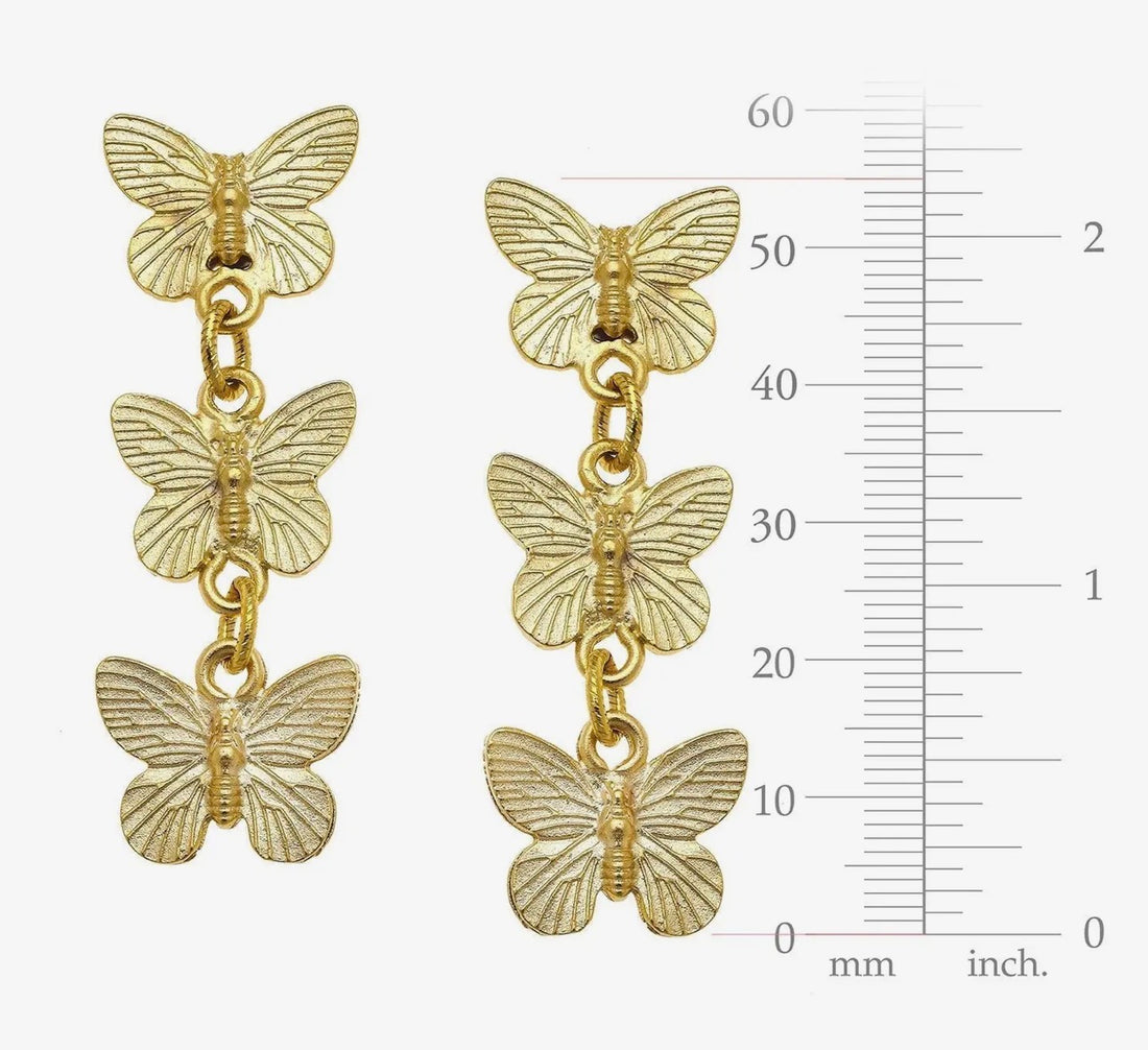 Susan Shaw Hannah triple gold butterfly drop earrings