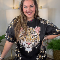 Women's leopard motif tee with pearl and diamond embellishments