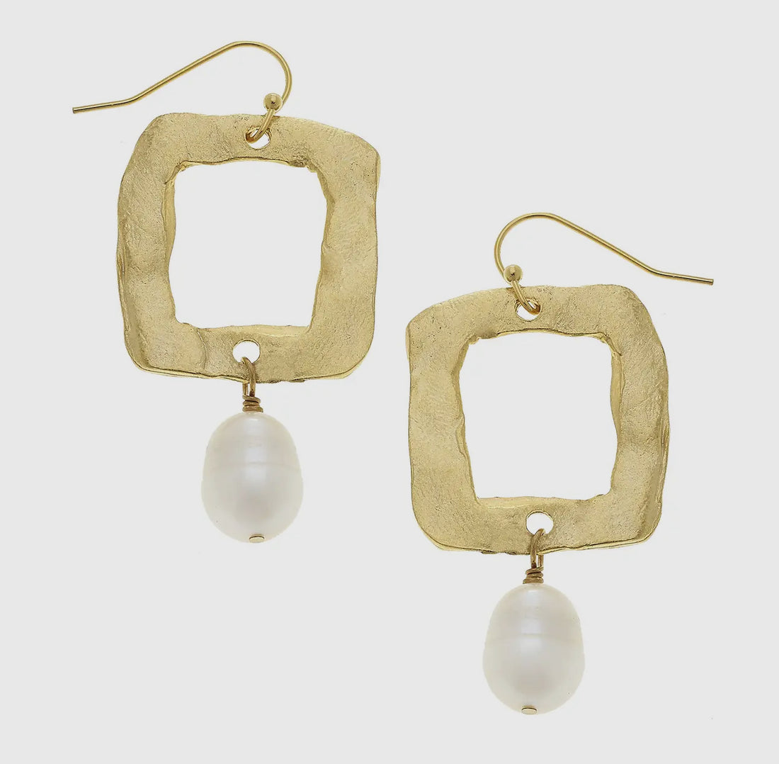 Susan Shaw Gold Open Square and Genuine Freshwater Pearl Earrings