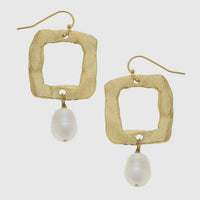Susan Shaw Gold Open Square and Genuine Freshwater Pearl Earrings