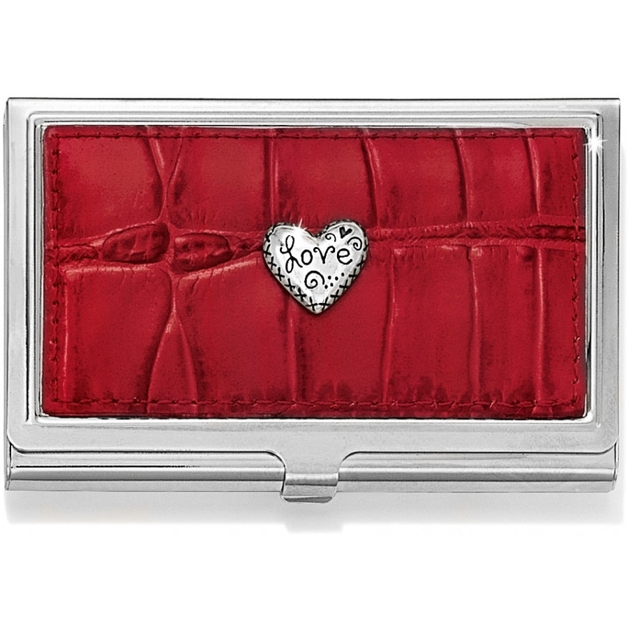 Red textured business card holder with a silver heart charm 