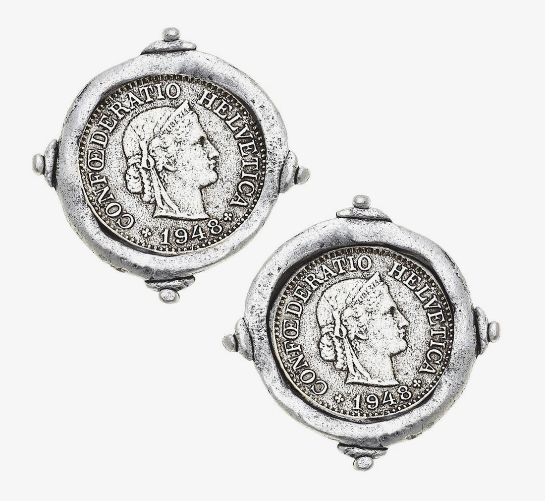 Susan Shaw Swiss Franc coin intaglio stud earrings
