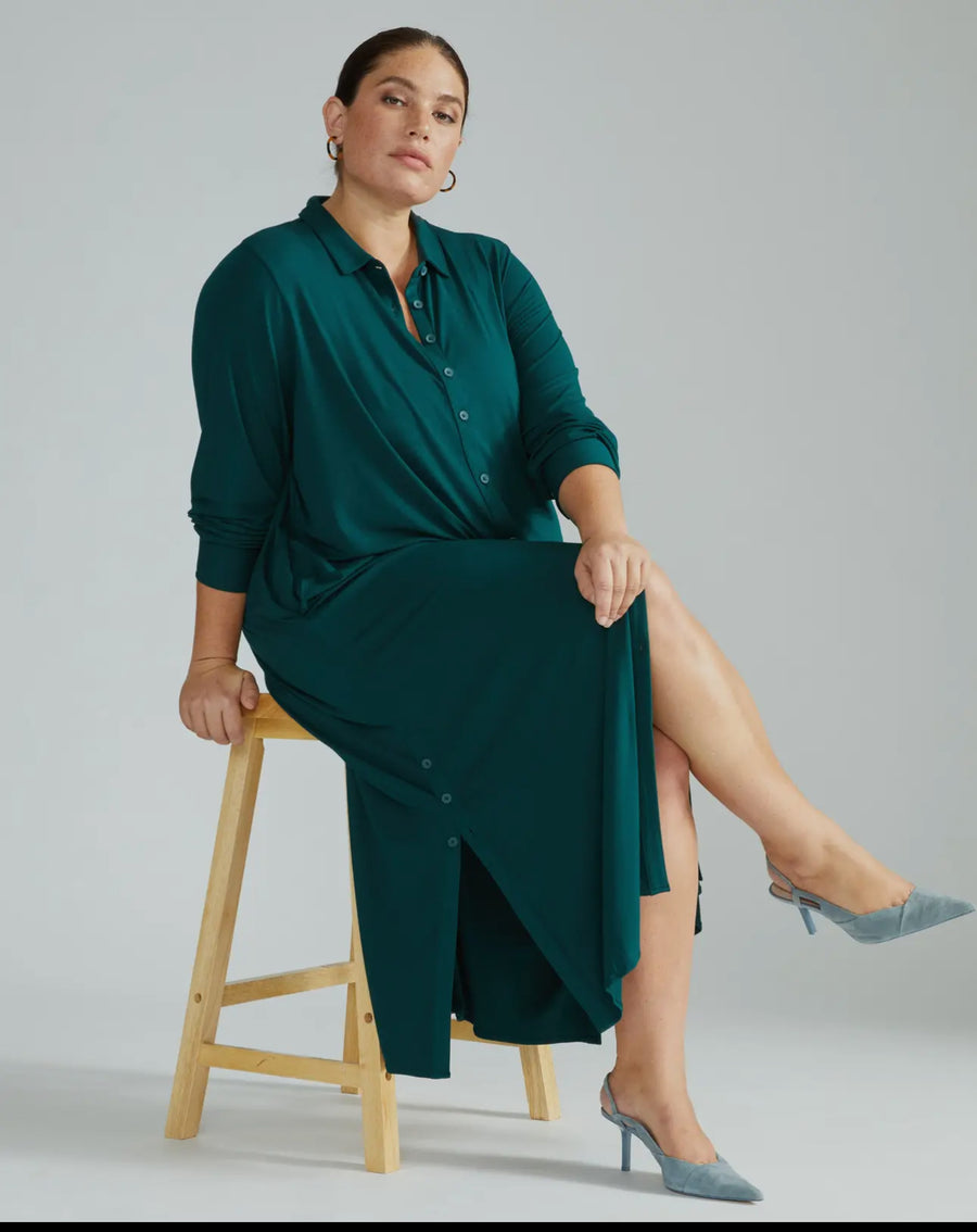 Sally Liquid Jersey Shirt Dress-Forest Green