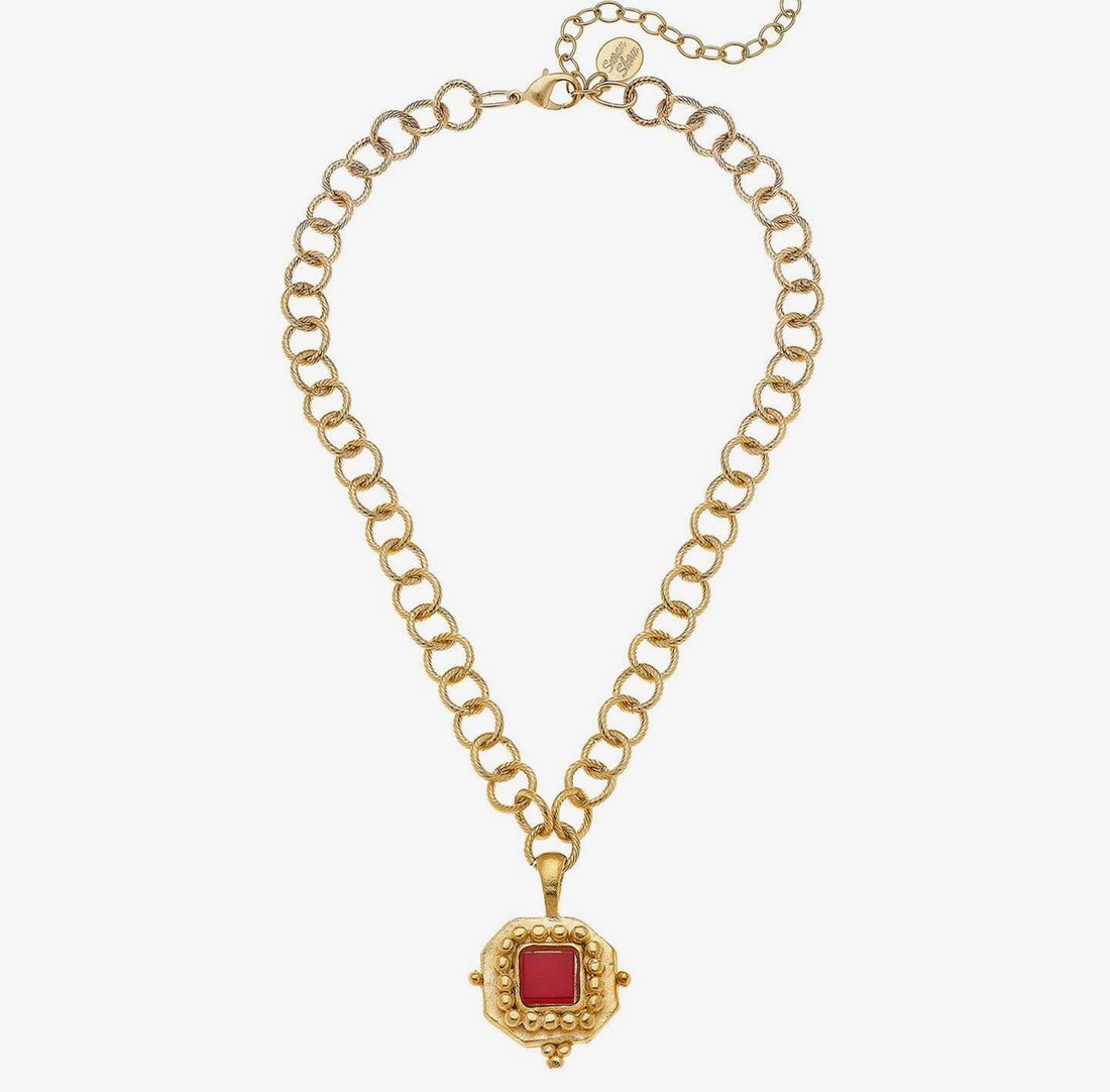 Susan Shaw square crimson French glass necklace with hand-cast gold pendant