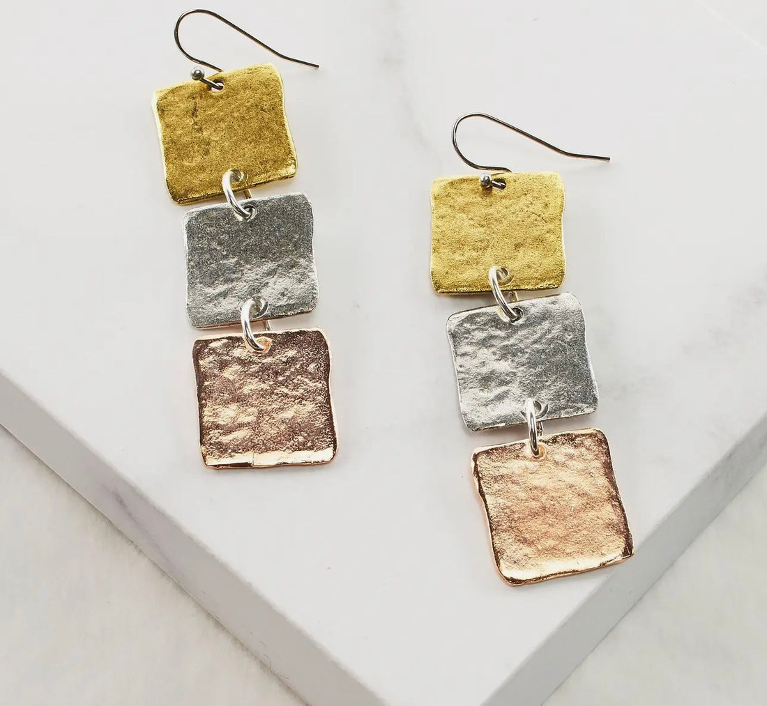 Julio Designs | Triple Square Earrings-Tri Tone