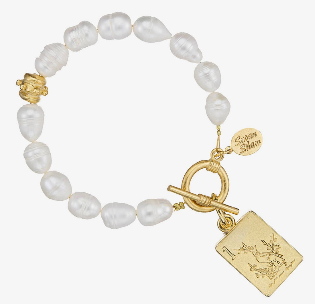 Susan Shaw | 1 Bam Bird Mahjong Tile Pearl Bracelet