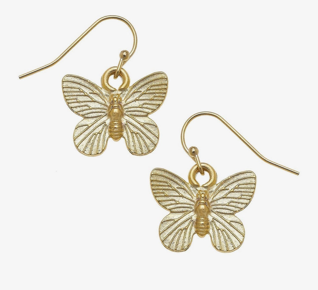 Gold single butterfly drop earrings by Susan Shaw
