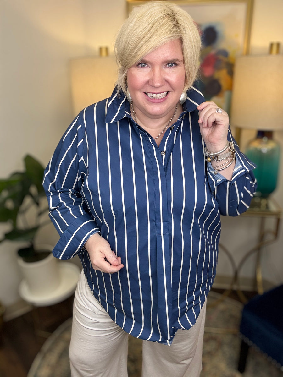 Elbe Pop Over Stretch Shirt-Blue & White Stripe