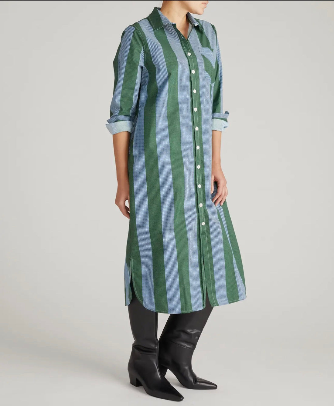 Odeon Denim Dress-Green/Blue Directional Stripe - The Shoppes at Coldwater