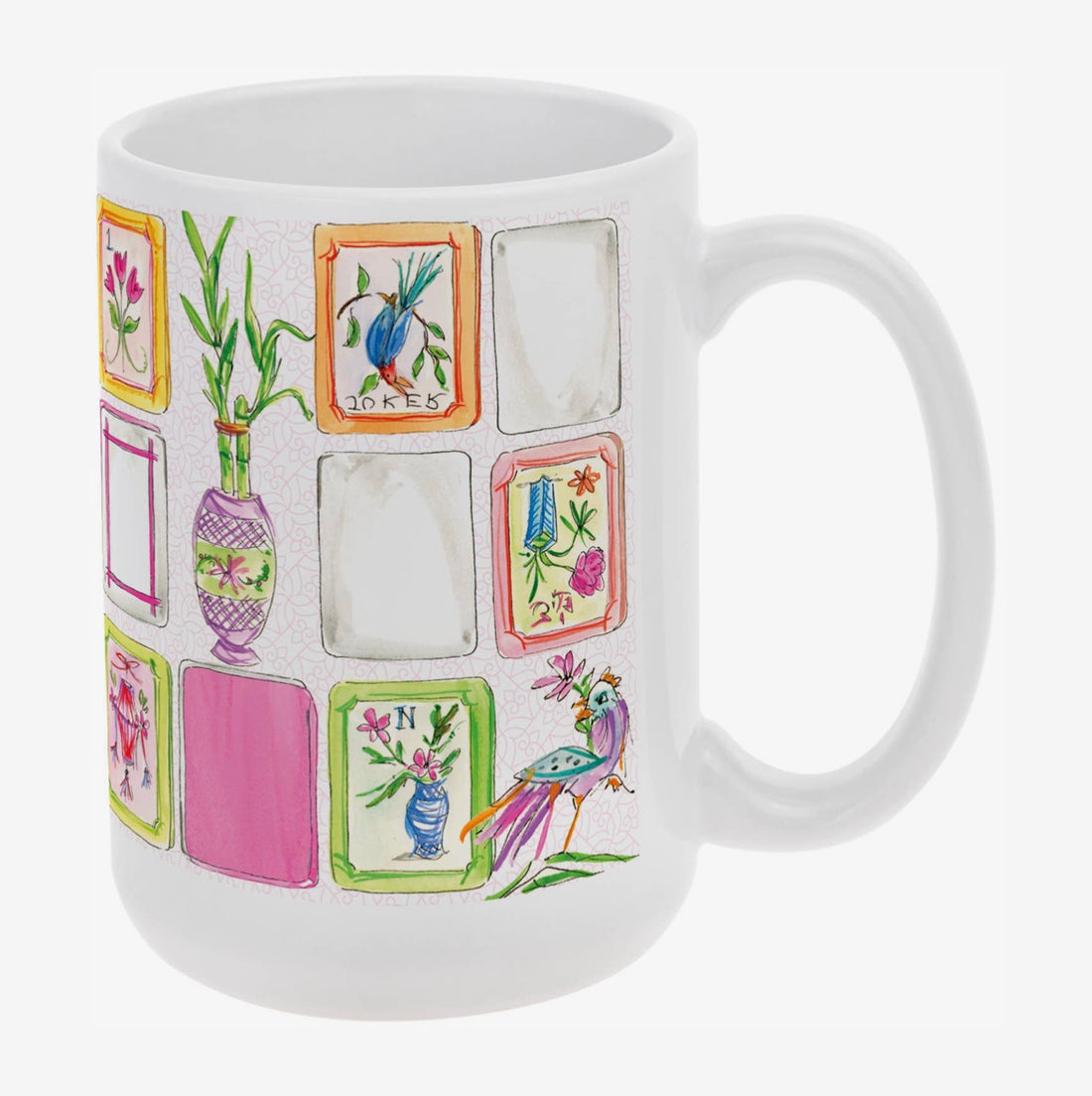 A white ceramic mug with a colorful printed mahjong pattern of framed art pieces, including a blue bird, a pink vase with green leaves, and a multicolored bird, shown on a plain white background.