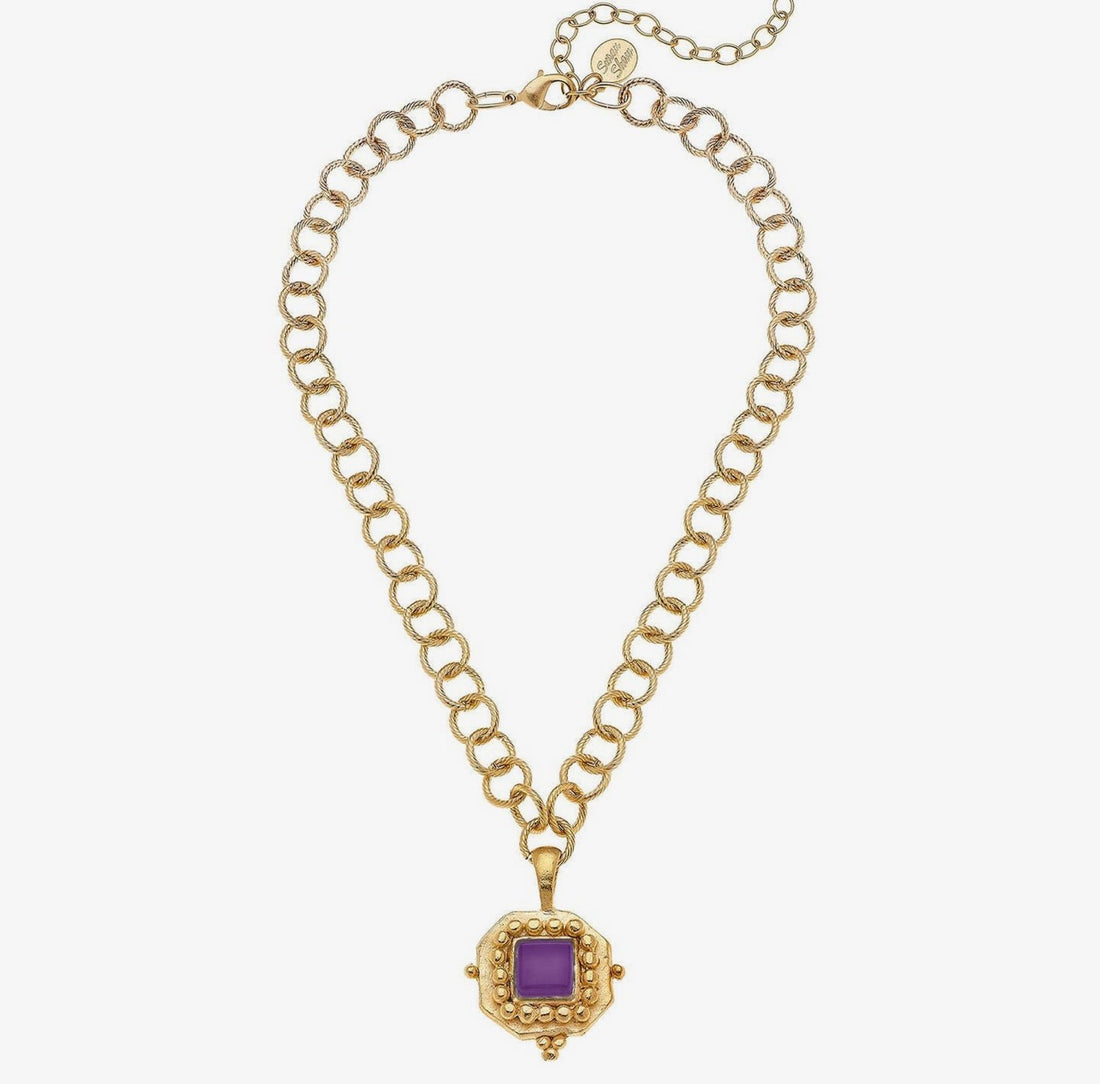 Susan Shaw gold necklace with genuine purple crystal pendant
