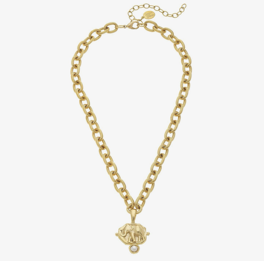 Susan Shaw | Gold Elephant Intaglio and Handset Pearl
Chain Necklace