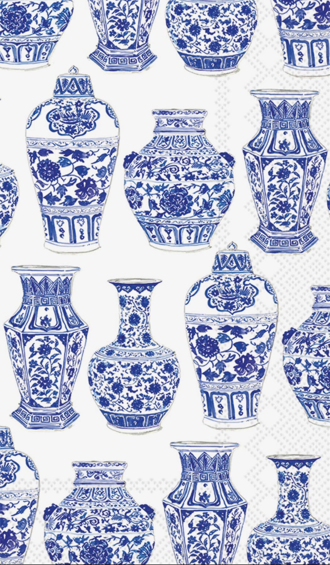 A repeating pattern of blue and white porcelain-style vases with floral and geometric detailing on napkins