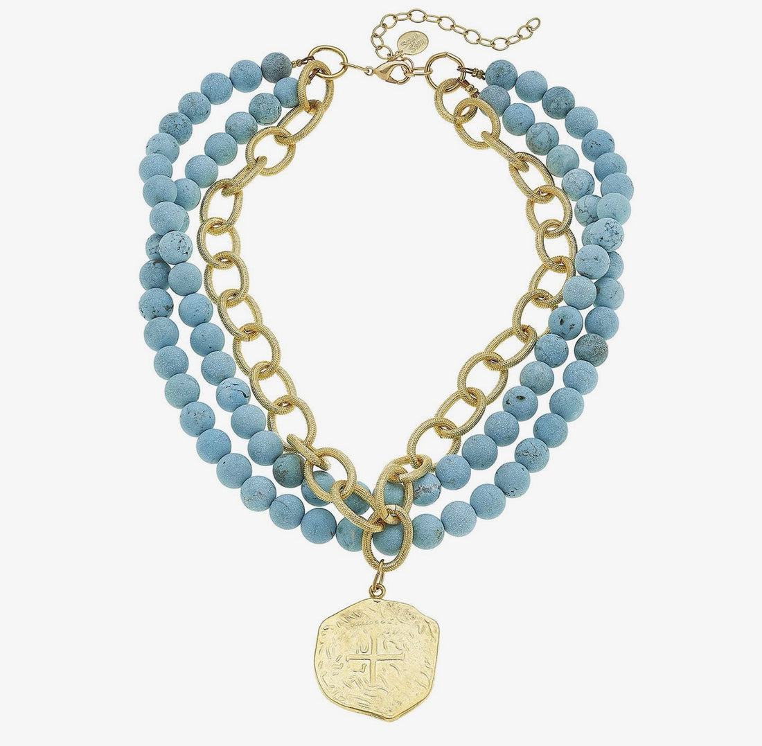 Susan Shaw | Gold Coin On 3 Row Genuine Matte
Turquoise Necklace