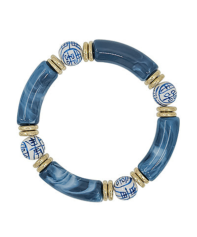 Blue chinoiserie ceramic bead stretch bracelet with blue acrylic tube beads