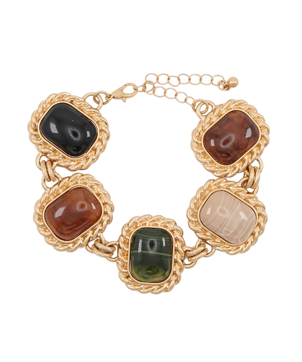 Gold chain bracelet with framed rectangular stones in black, brown, green, and cream