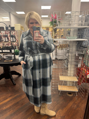 Morgan Belted Stretch Flannel Shirtdress- Mate Green Plaid
