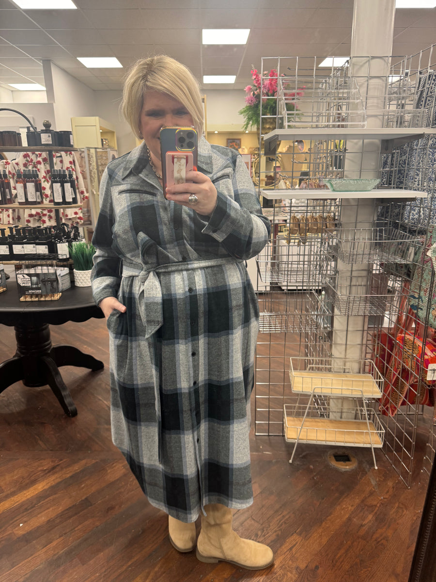 Morgan Belted Stretch Flannel Shirtdress- Mate Green Plaid