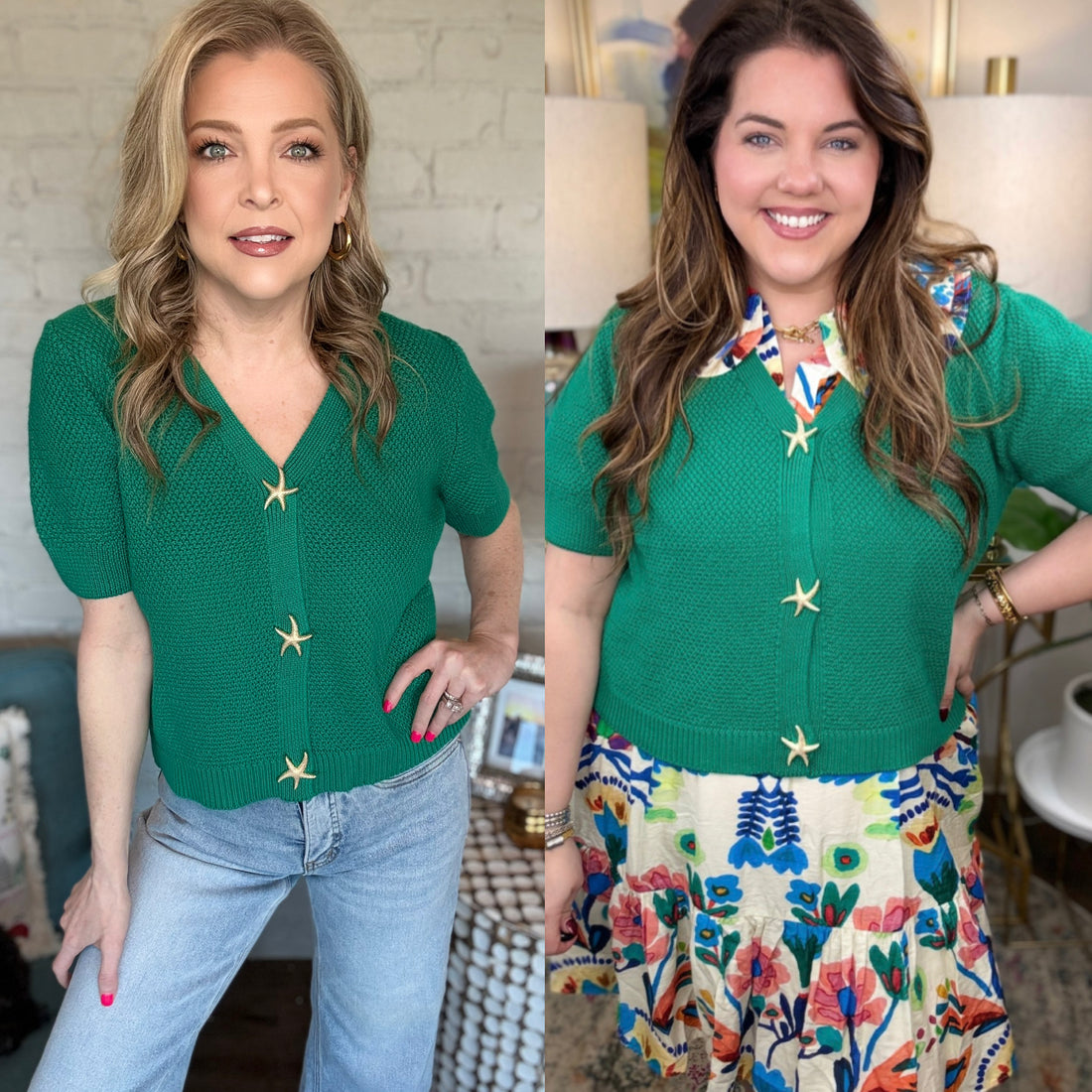 Two women wearing green sweater cardigans with gold starfish buttons.