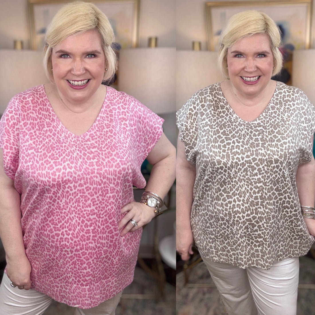 Two images of a person wearing pink and leopard print tops with white pants.