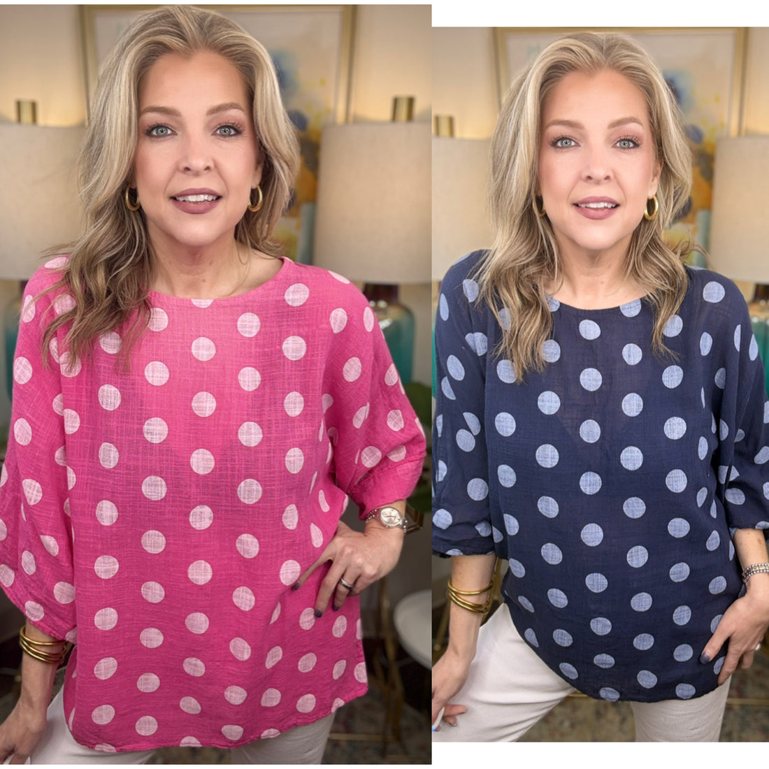 Woman wearing pink polka dot top on the left and navy polka dot top on the right.