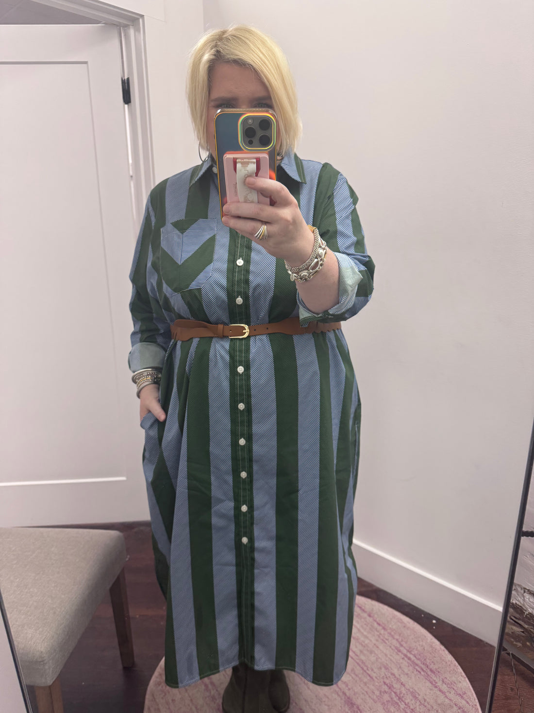 Odeon Denim Dress-Green/Blue Directional Stripe - The Shoppes at Coldwater